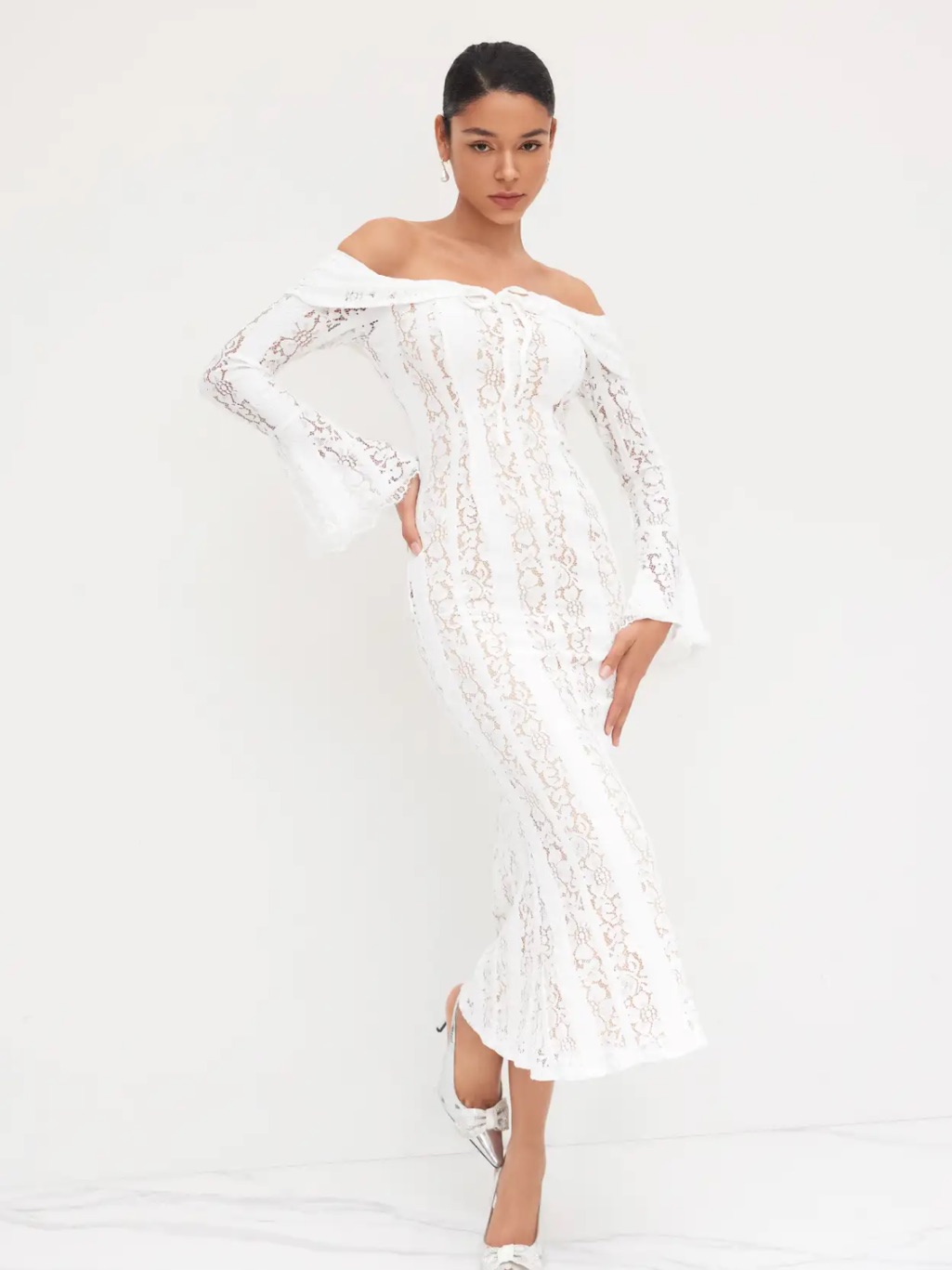 Nwt Cider Off-The-Shoulder White Lace Maxi Dress